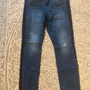 CAbi Women's Skinny Jeans in Dark Blue with Black Side Panels